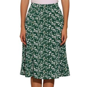 Floral Peasant Elastic Waist A-Line Leave Print Midi Skirt Palm Green